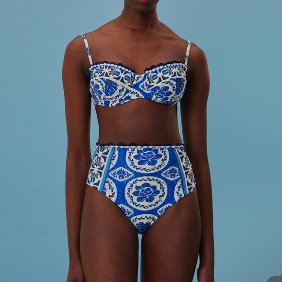 FARM Rio Other - FARM Rio Blue and White Floral Tile Print High-Waist Bikini